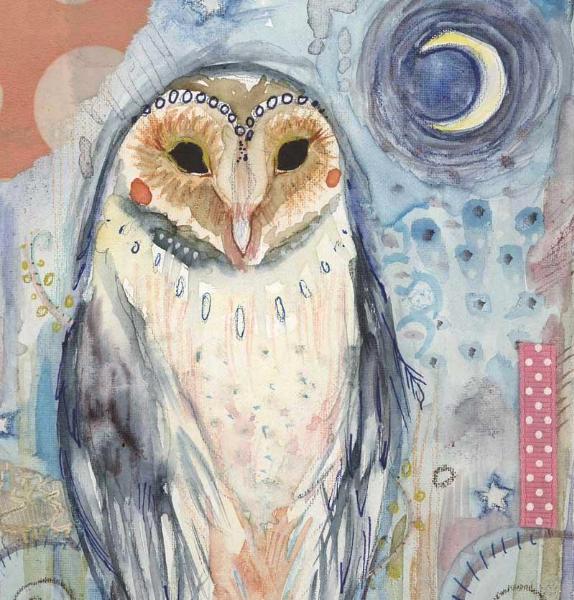 Owl magic owl art print from an original painting collage of a barn owl totem