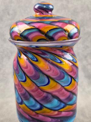 #07022601 Jar with lid Rainbow feather twist 9.75''HX5''W $300.00 #07022601 Jar with lid Rainbow feather twist 9.75''HX5''W $300.00