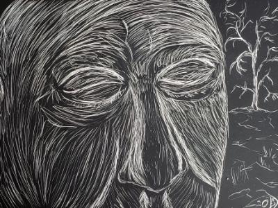 Self portrait. Artist contemplating as he experiments with scratchboard. 