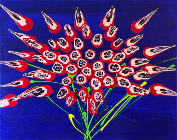 Red Flowers on Blue  20x16 Acrylic on Canvas