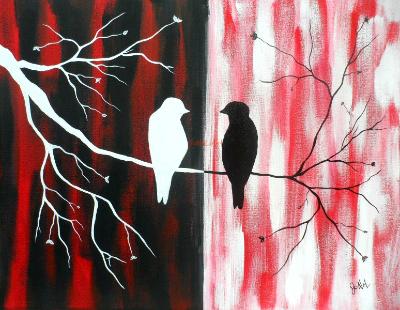 "Silhouette Birds" Black & Red-- Acrylic paint on canvas. 