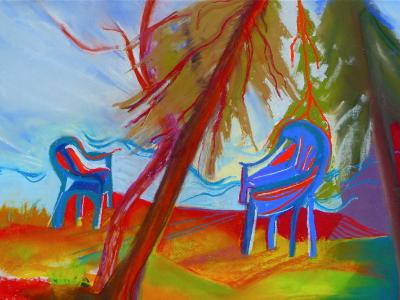 Blue Chairs in Forest