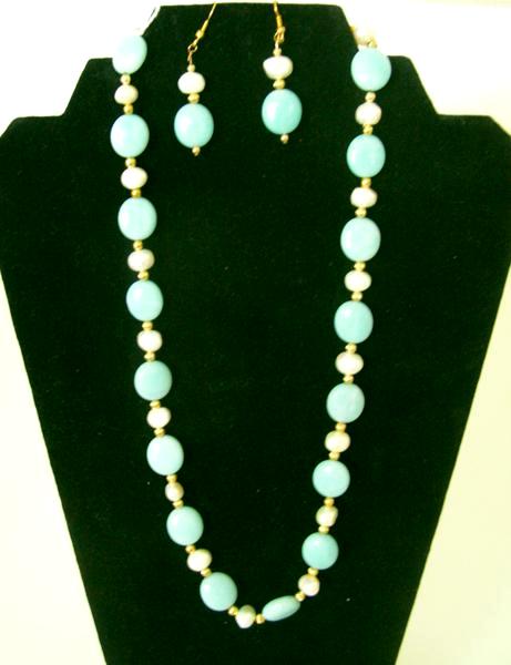 Amazonite and Freshwater Pearl Necklace and Earrings