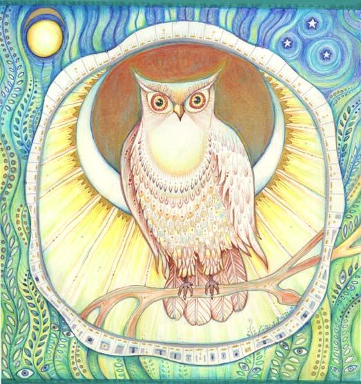 Moon Owl original Folk Art drawing by Liza Paizis
