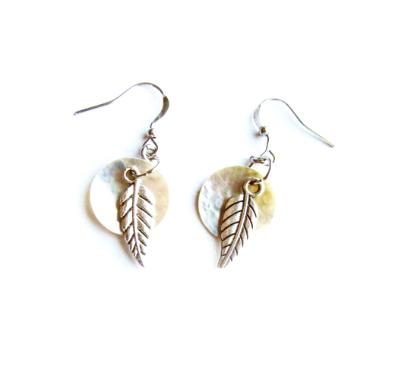 Shell feather silver tone earrings