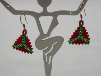 E-73 Green & Red Beaded Triangle Earrings E-73 Green & Red Beaded Triangle Earrings