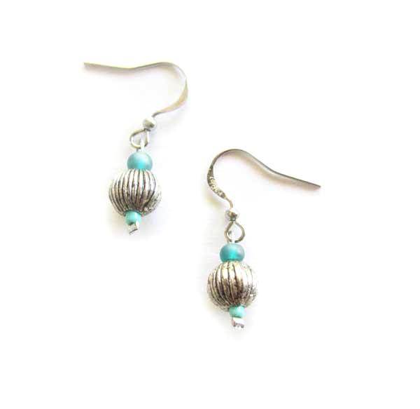 Blue bead silver tone earrings