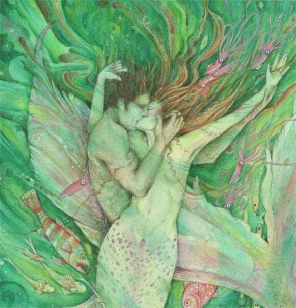 The Mermaid and the Sailor original watercolor painting of a mermaid and her love