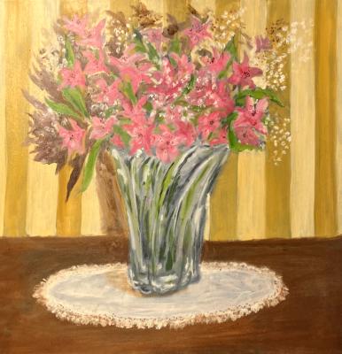 Still Blooming: Alstroemeria in swirl-glass vase (Lily of the Incas) WIP 30x30" Still Blooming: Alstroemeria in swirl-glass vase (Lily of the Incas) WIP 30x30"