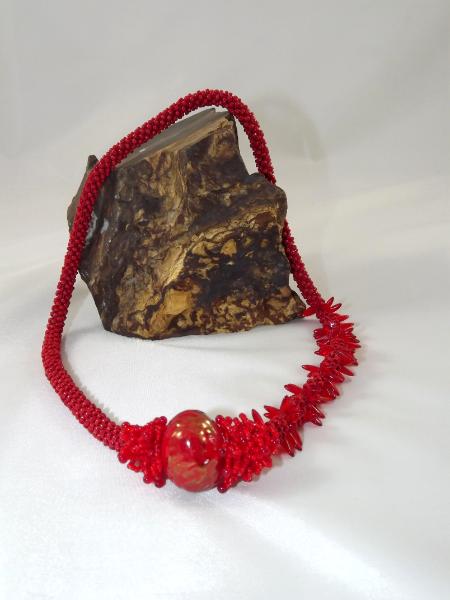 N-14 Red Crocheted Rope Asymmetrical Necklace with Focal Bead