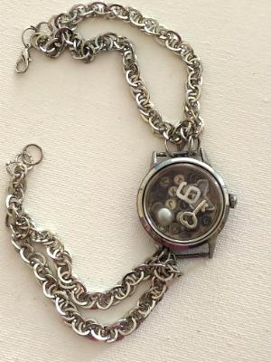 Repurposed Watch Locket Bracelet (heart key and pearl)