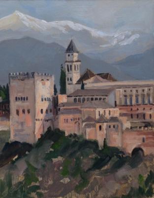 The Alhambra Palace, Granada, Spain, oil on wood, 10x8 ins