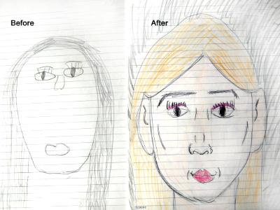 "Before and After" Private Portrait Instruction.  9 Year Old Student.