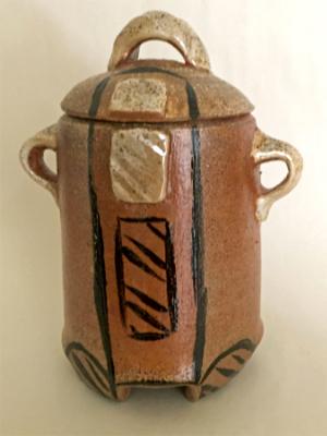 Striped Lidded Brown and Black Pot