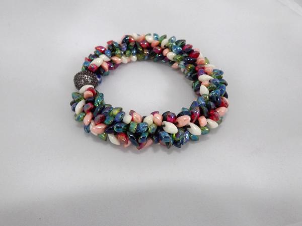 B-62 ivory, red, blue, dark green, & lime AB spikey bracelet