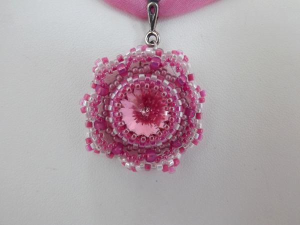 N-82 Pink Swarovski Crystal Rivoli on Pink Silk Ribbon