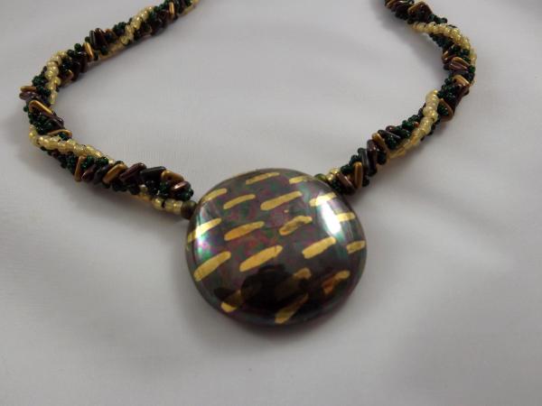 N-129 Dark Green & Gold Kazuri Focal Bead Necklace 