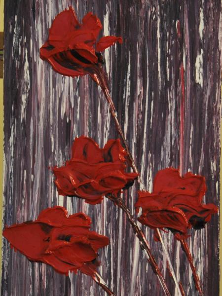 Red Flowers 8 X 16 Acrylic on Canvas board Embellished prints available 