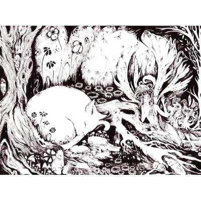 Fairy Cat Fantasy Art black and white drawing cat with fairies original cat picture