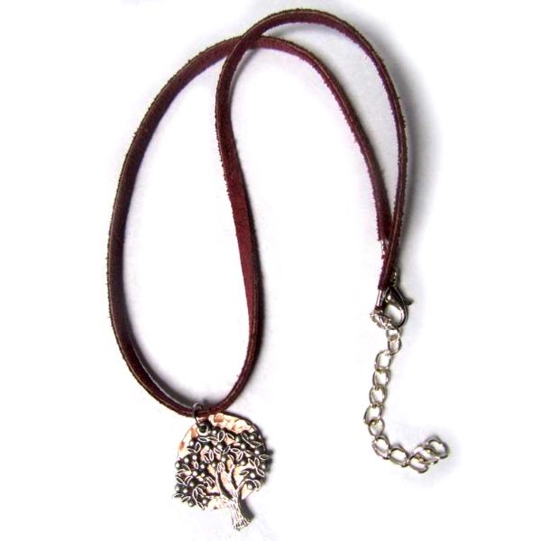 Tree of Life small pendant necklace with hammered copper on leather cord