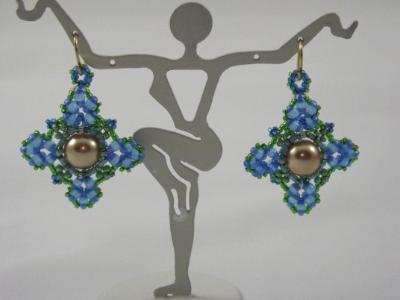 E-8 Blue & Green Floral Earrings with Pearl Center