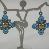E-8 Blue & Green Floral Earrings with Pearl Center