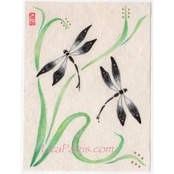 Dragonfly Original Painting Chinese brush style dragonfly art with tulips