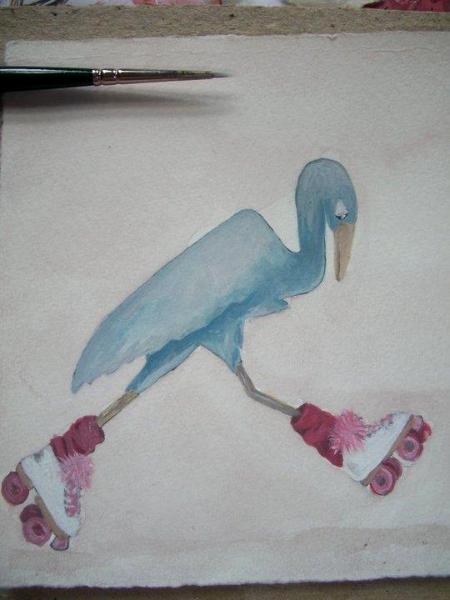 blue heron on roller skates