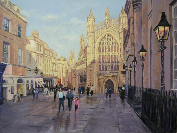 Sunshine & Shadows, Bath Abbey, oils, 16x12 ins