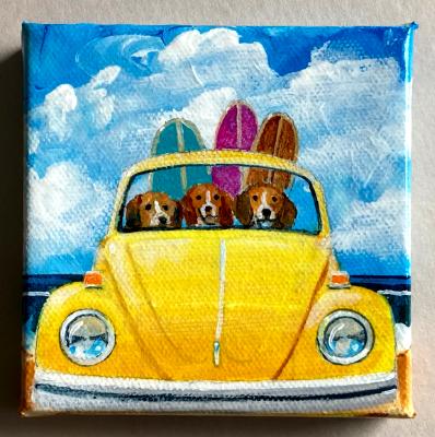 THREE SURFING BEAGLES IN A BUG THREE SURFING BEAGLES IN A BUG