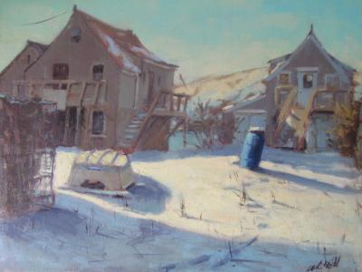 The Blue Barrel in Winter 18x24 oil sold The Blue Barrel in Winter 18x24 oil sold