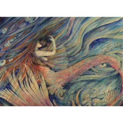 Merrow Kiss Original Watercolor Painting of a mermaid and her lover by Liza Paizis