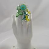 R-12 Green Beaded Ring w/White, Green, & Turquoise Flower