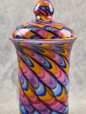 #07022608 Jar with lid Rainbow feather twist 10.5''HX5.5''W $300.00 #07022608 Jar with lid Rainbow feather twist 10.5''HX5.5''W $300.00