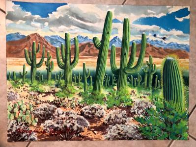 Desert with Saguaros and Moutains