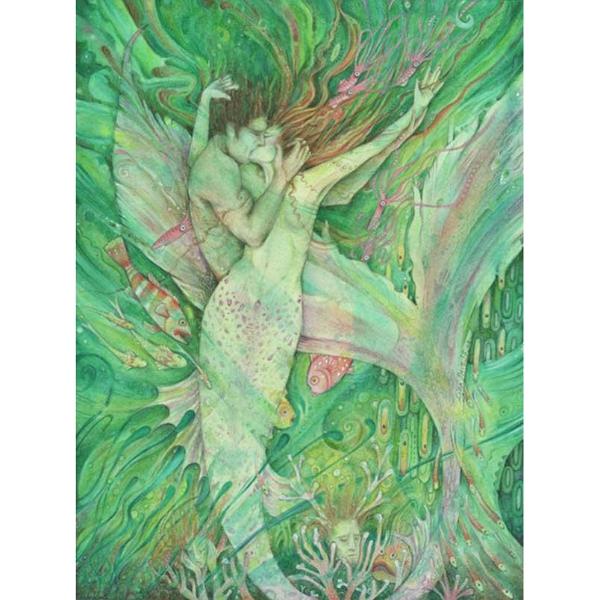 The Mermaid and the Sailor original watercolor painting of a mermaid and her love