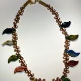 Multi colored carved gemstone leaves and freshwater pearl necklace