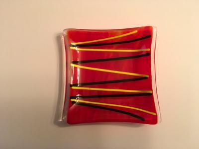 Red plate with yellow & black strips 5x5