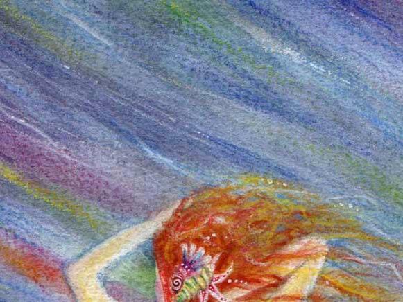 Mermaid Original Fantasy Painting in watercolor of a singing Siren and the Sea...