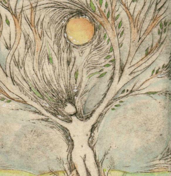 Dryad limited edition etching handcolored drypoint etching print of a tree goddess