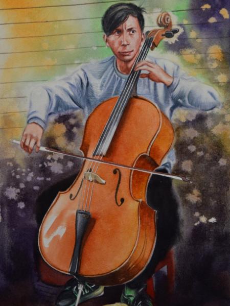 Portrait of a street violoncellist, 38cm x 56cm, 2020