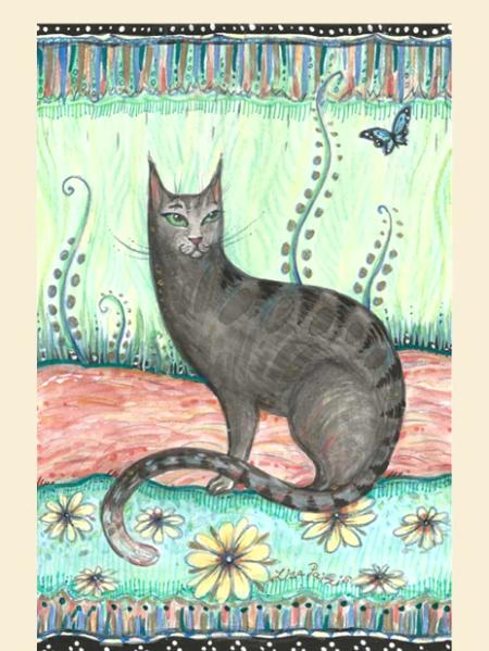 Black cat with butterfly original folk art whimsical cat painting