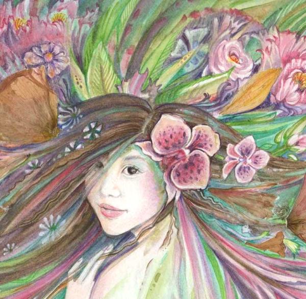 Spring Queen flower goddess art print with cats