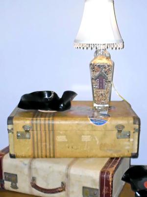 Warped Vinyl LP Bowls and Birdseed-filled Bottle Lamp Warped Vinyl LP Bowls and Birdseed-filled Bottle Lamp