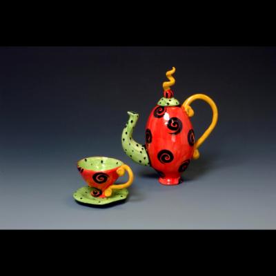 Tall Red Swirl Teapot, Cup & Saucer