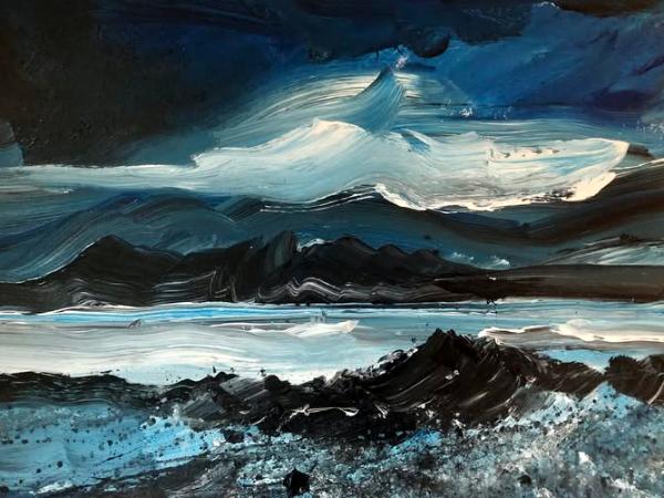 Storm clouds over Grandes Rocques, acrylic on board, 50cm x 35cm.