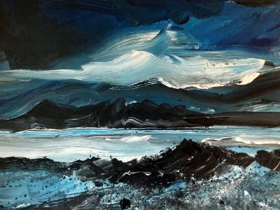 Storm clouds over Grandes Rocques, acrylic on board, 50cm x 35cm.