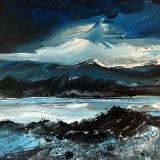 Storm clouds over Grandes Rocques, acrylic on board, 50cm x 35cm.