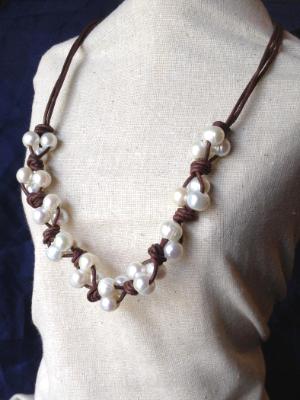 Knotted Leather and Pearl Necklace Knotted Leather and Pearl Necklace