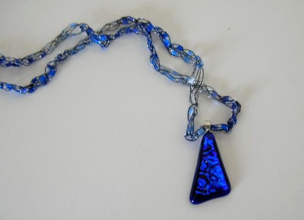 Blue Dichroic Glass Pendant with Crocheted Chain